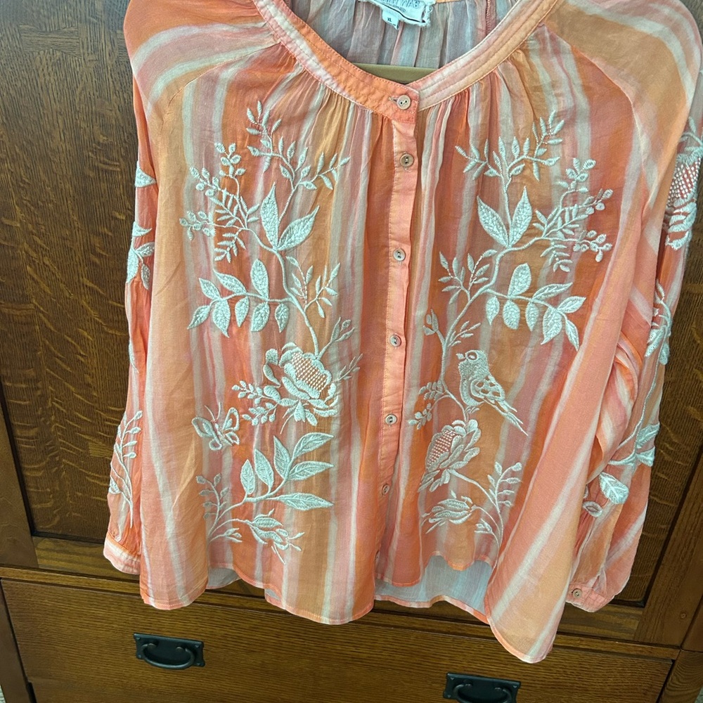 Johnny Was Coral Embroidered Blouse